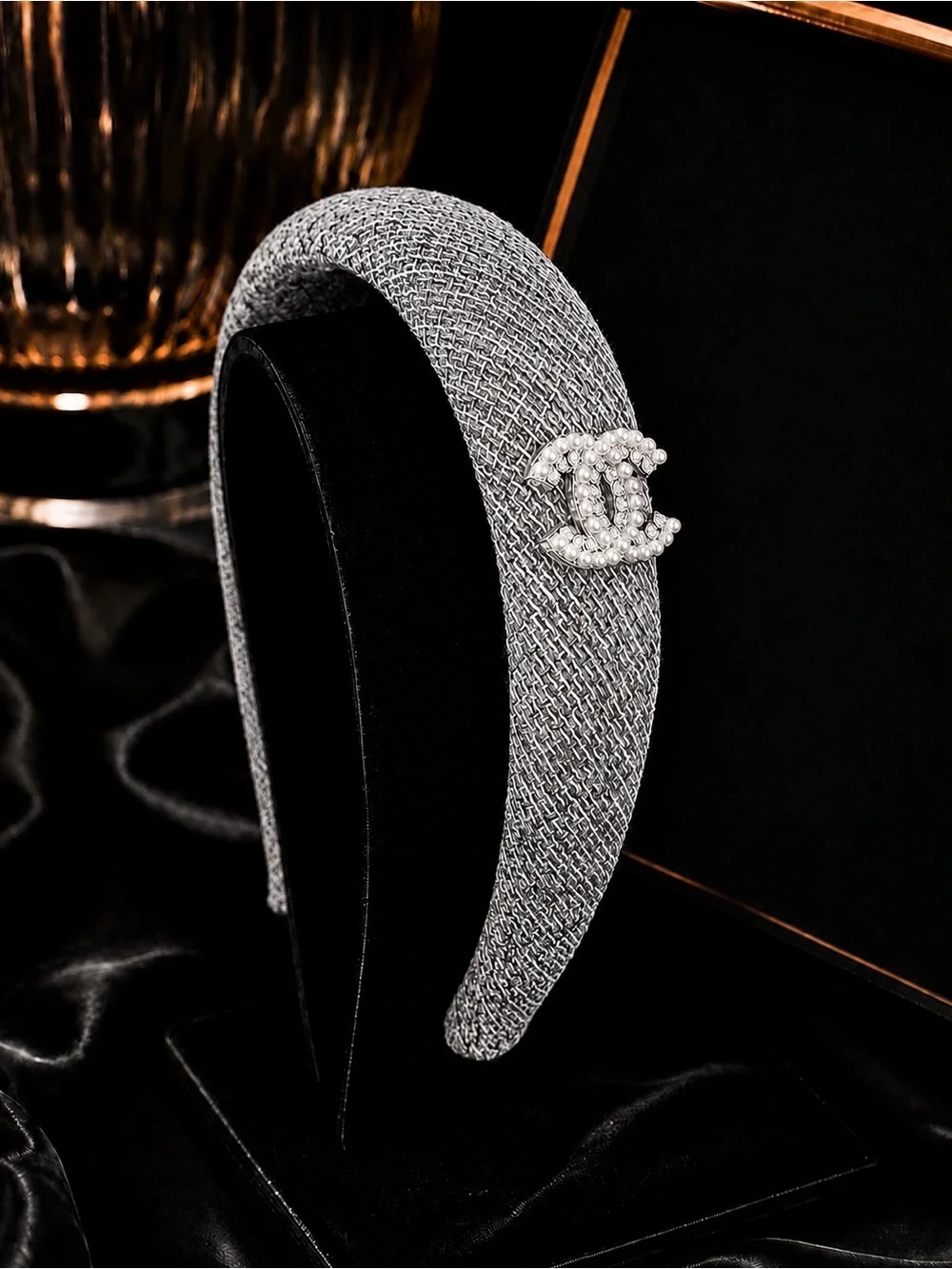 Gray Tweed Headband with Pearl Embellished CC Accent